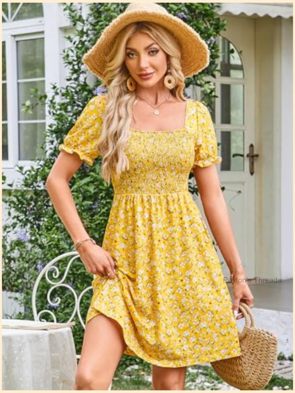 Women's Square Neck Short Puff Sleeve Floral Smocked Swing Dress with Pockets - Picture 2 of 7